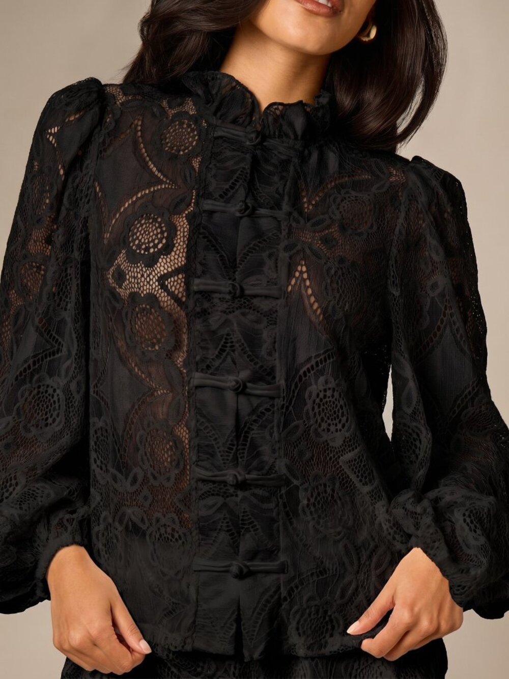 Black Elegant Women's Sheer Floral Lace Patchwork Puff Sleeve Blouse - Picture 3 of 5